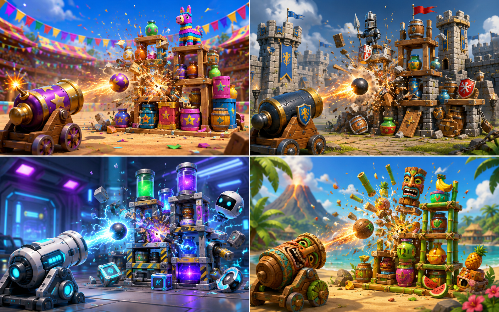 Four smash-game scenes — festival, medieval castle, sci-fi lab, and tropical island — each with a cannon shattering a themed tower